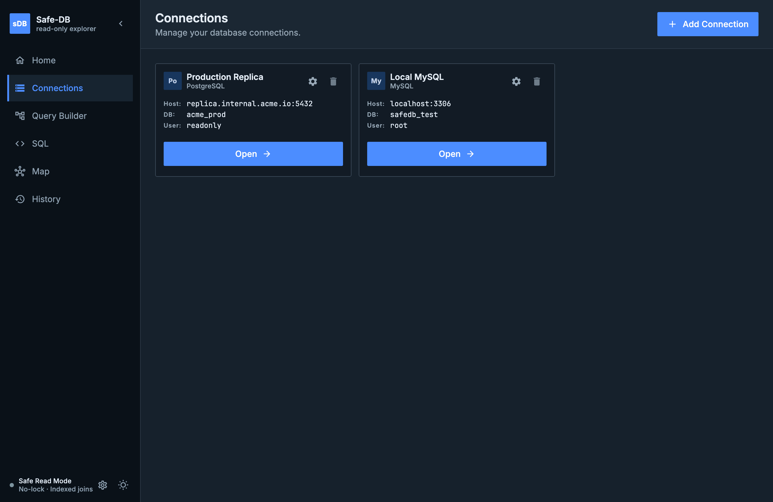 safe-db connections screen listing saved connection profiles