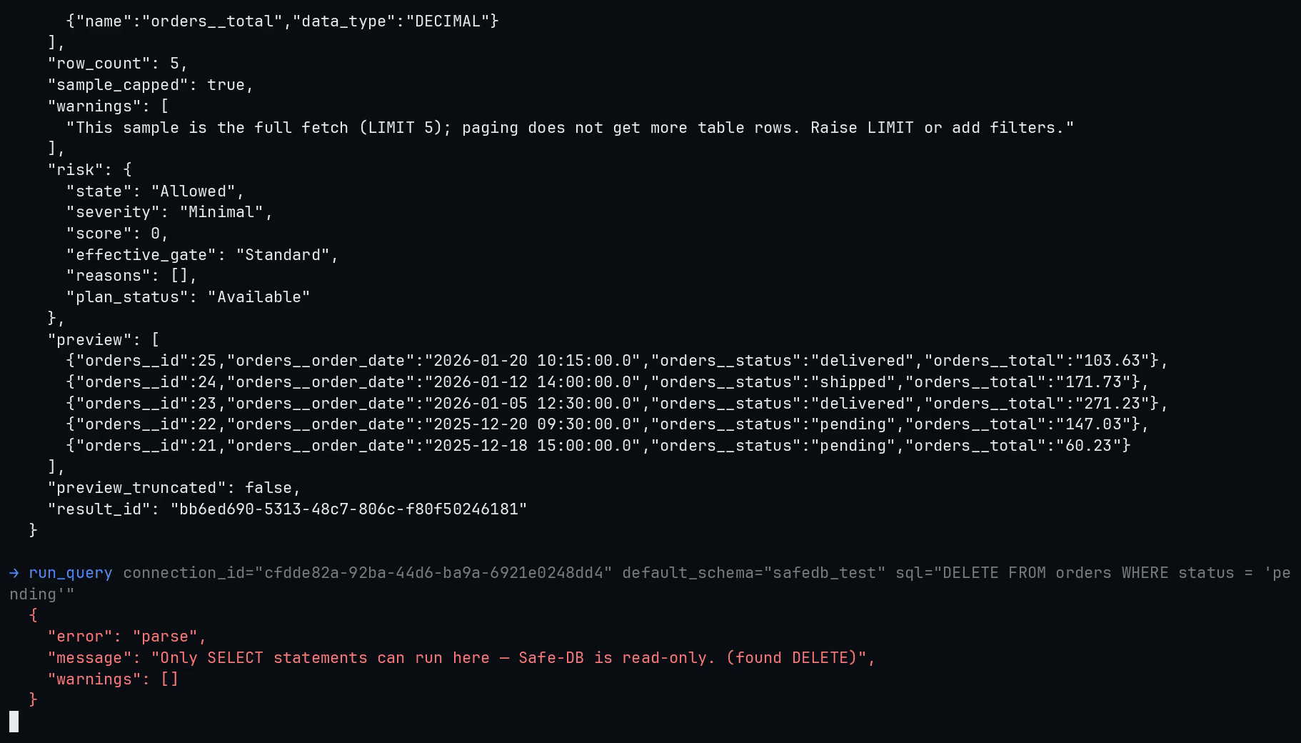 A terminal showing the safe-db MCP server refusing a DELETE statement: only SELECT statements can run here